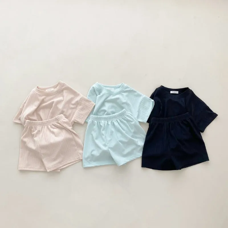 2 Pieces Set Baby Kid Girls Boys Solid Color Tops And Shorts Wholesale 24030121