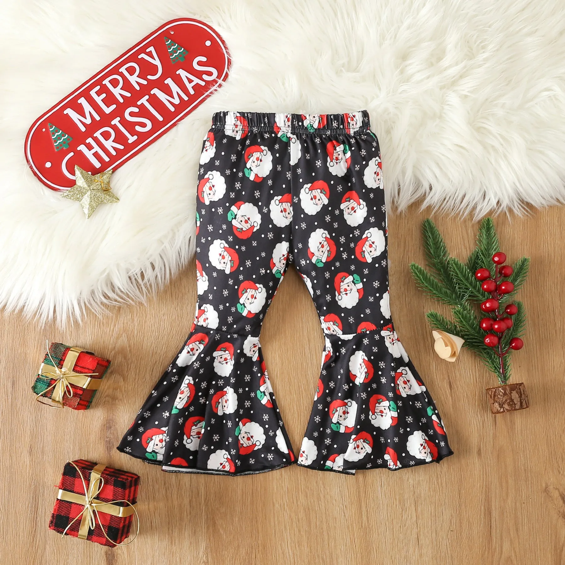 2 Pieces Set Baby Kid Girls Christmas Solid Color Print Tops And Cartoon Pants Wholesale 23101542