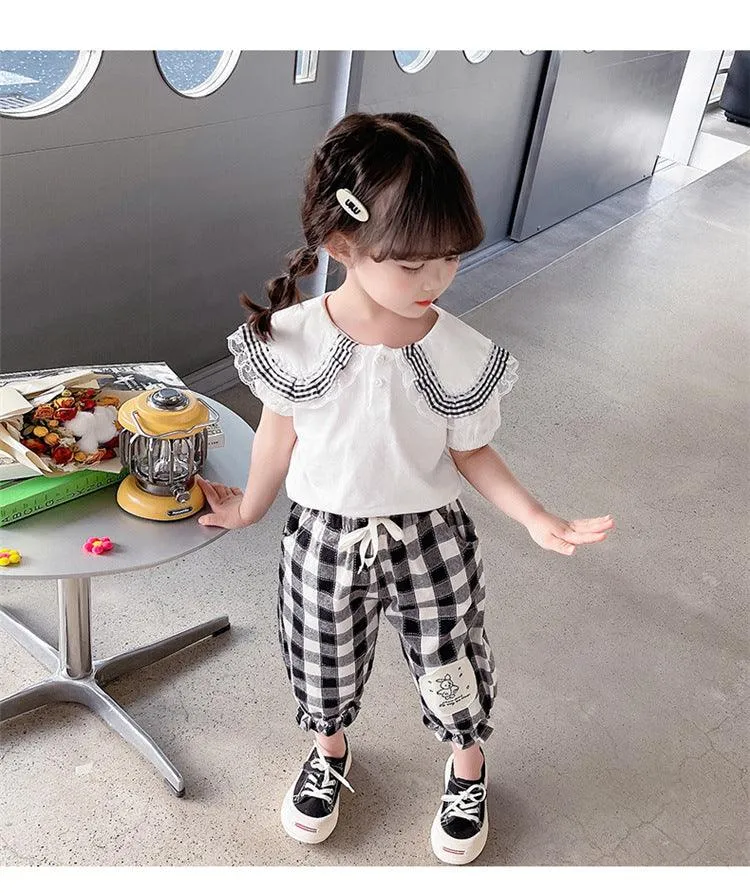 2 Pieces Set Baby Kid Girls Solid Color Tops Checked And Cartoon Pants