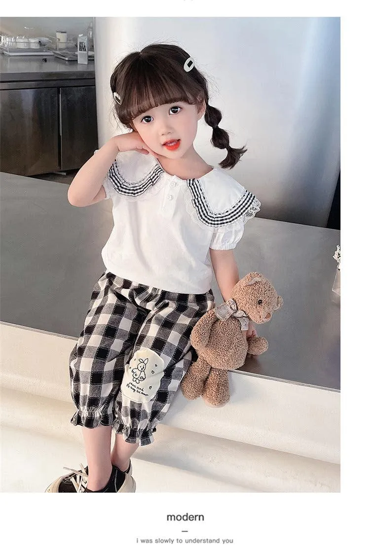 2 Pieces Set Baby Kid Girls Solid Color Tops Checked And Cartoon Pants