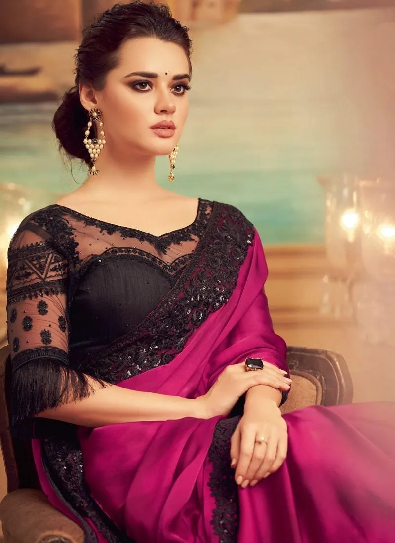 Amazing Look Sweetheart Neckline Pink Color Saree With Sequins Work Blouse