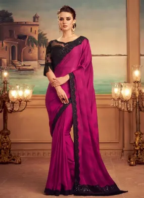 Amazing Look Sweetheart Neckline Pink Color Saree With Sequins Work Blouse