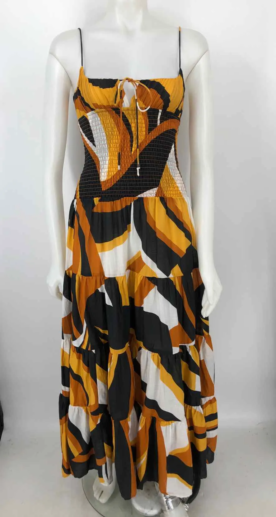 ANTHROPOLOGIE Orange & Yellow Black & White Print Maxi Length Dress