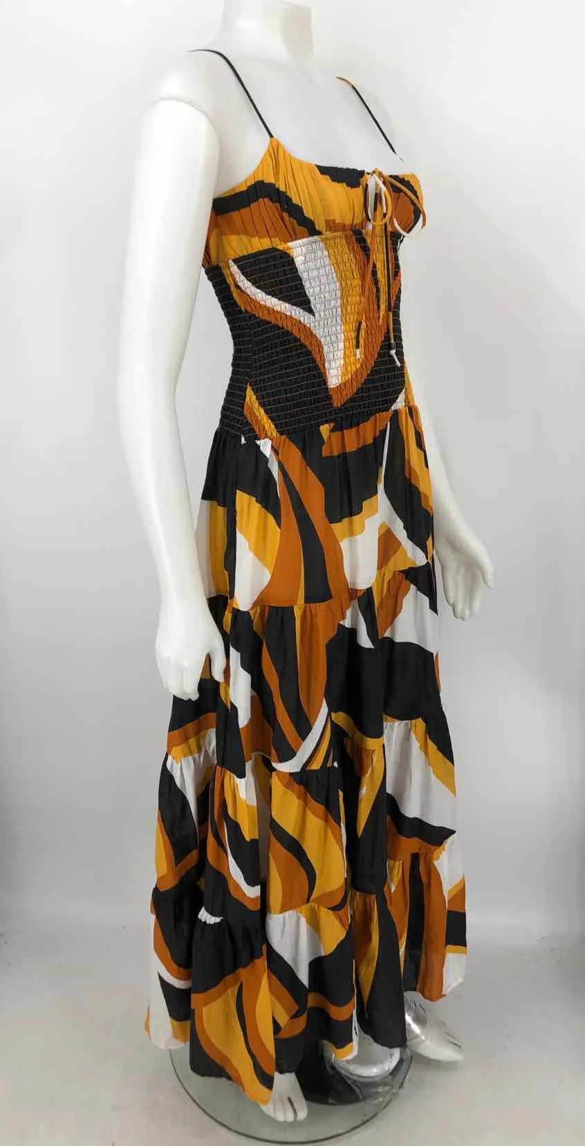 ANTHROPOLOGIE Orange & Yellow Black & White Print Maxi Length Dress