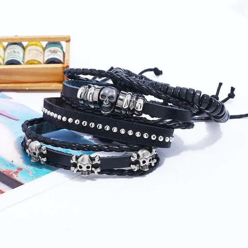 Black Vintage Multilayer Leather Skull Bracelet