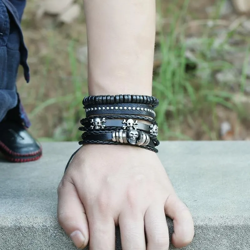 Black Vintage Multilayer Leather Skull Bracelet