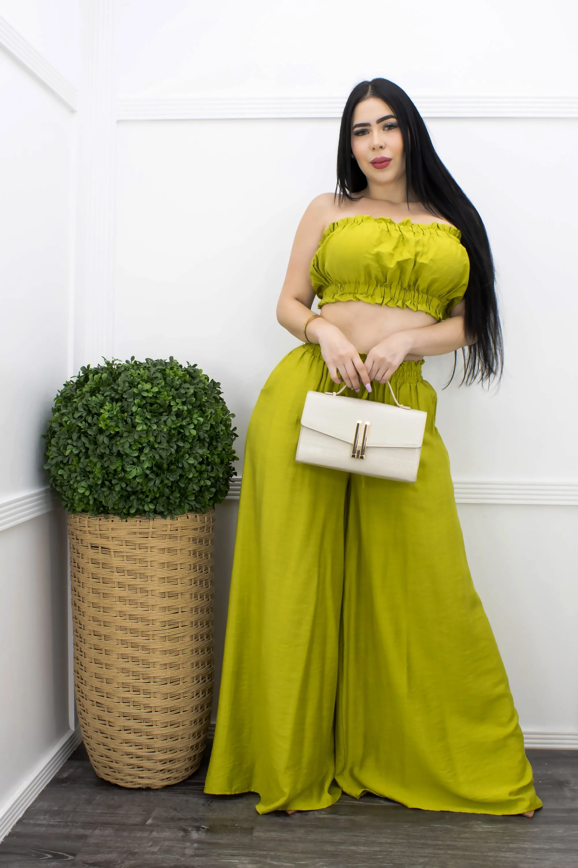 Chiffon Crop Top Wide Leg Pant Set