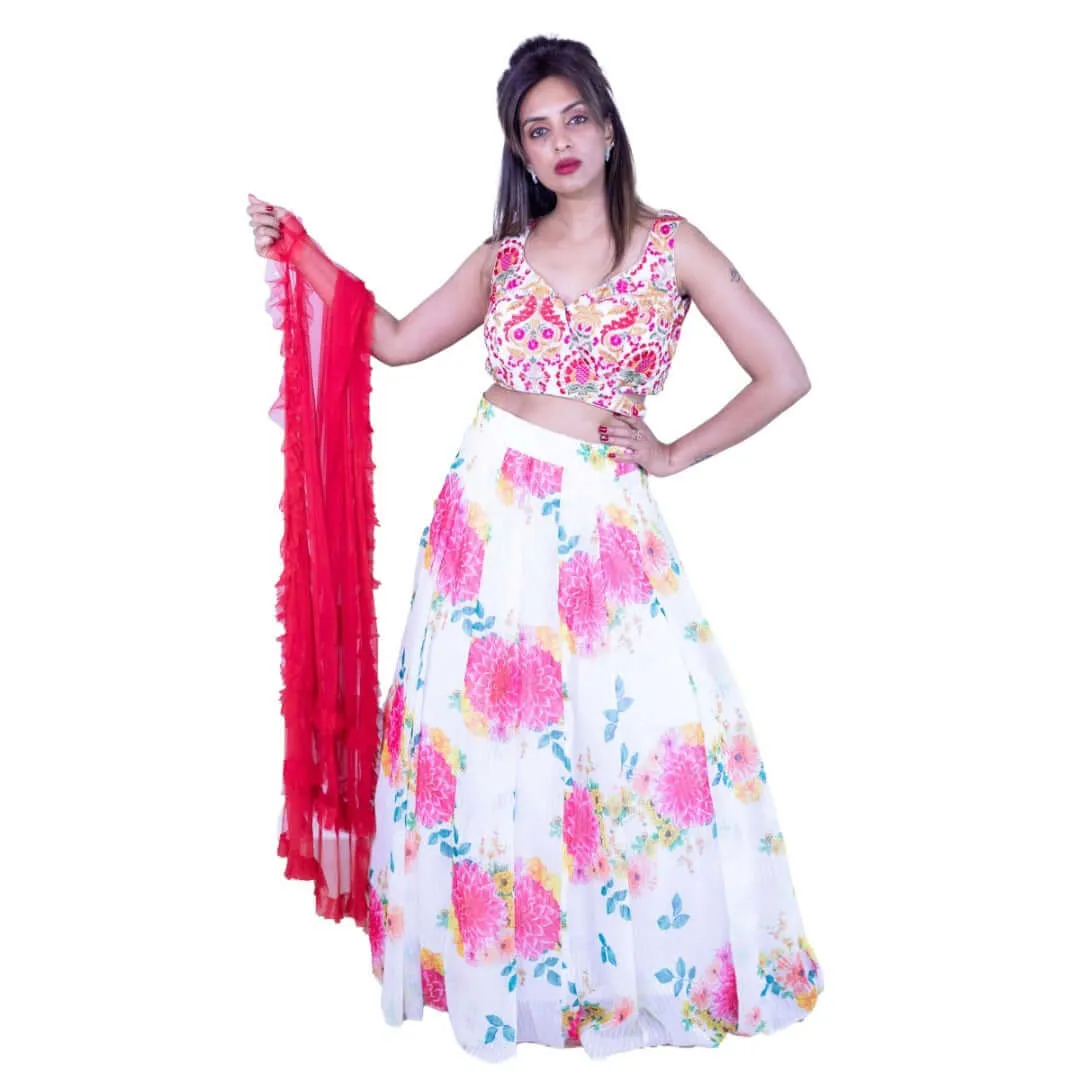 Floral printed lehenga - White and Red