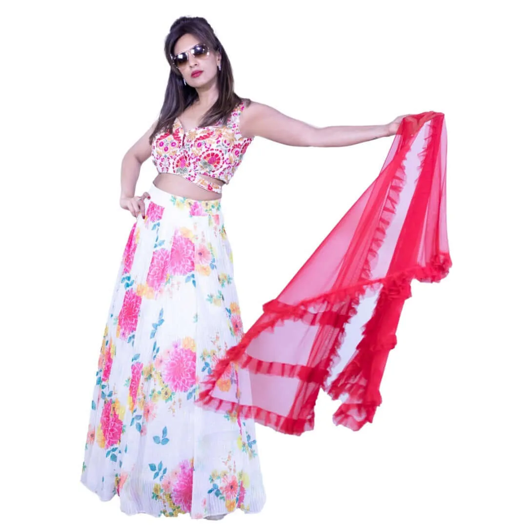 Floral printed lehenga - White and Red