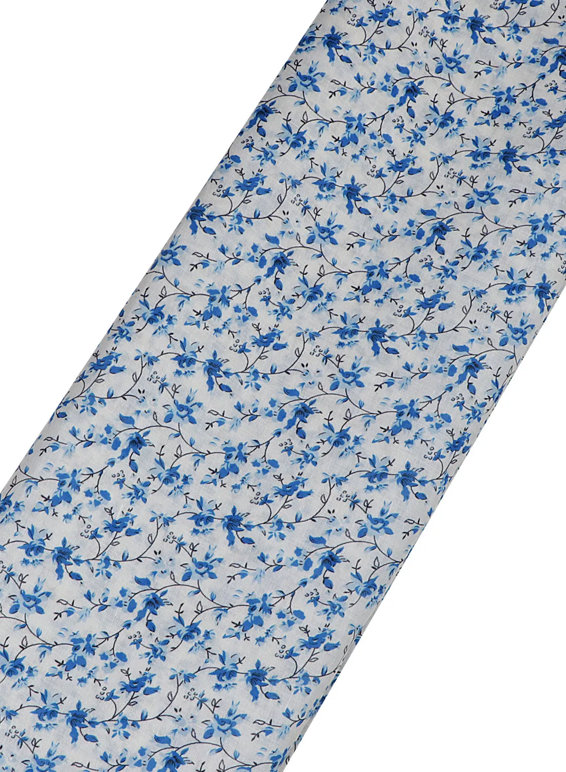 Floral Printed White And Blue Cotton Linen Blend Fabric