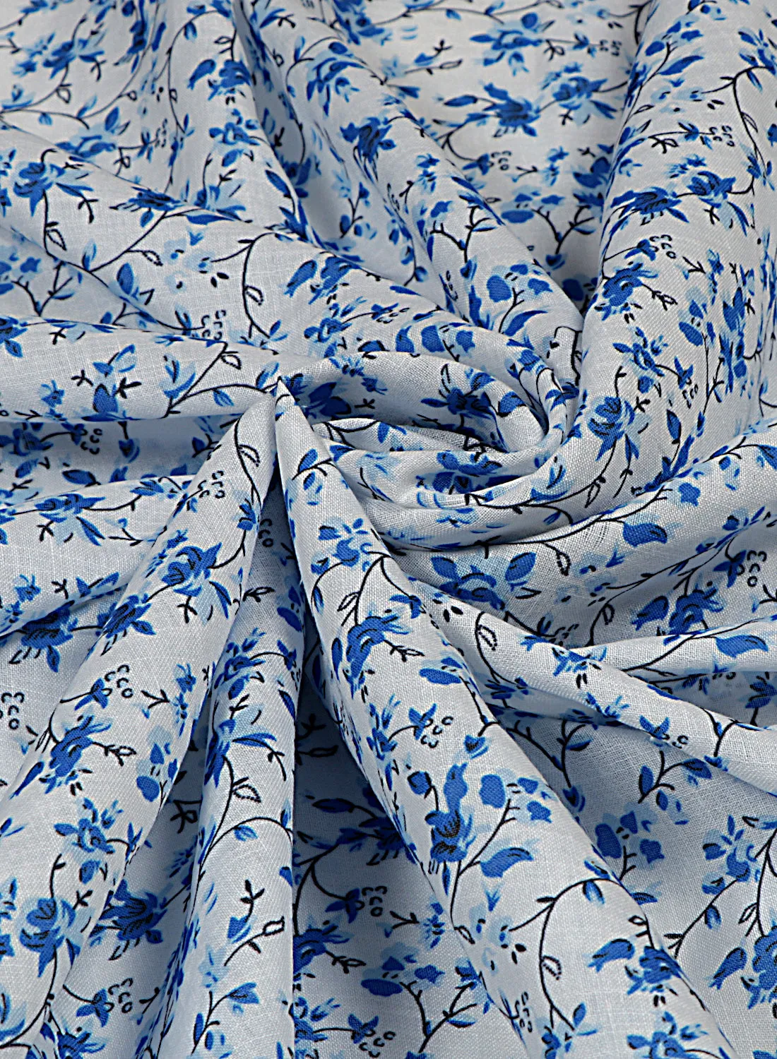 Floral Printed White And Blue Cotton Linen Blend Fabric