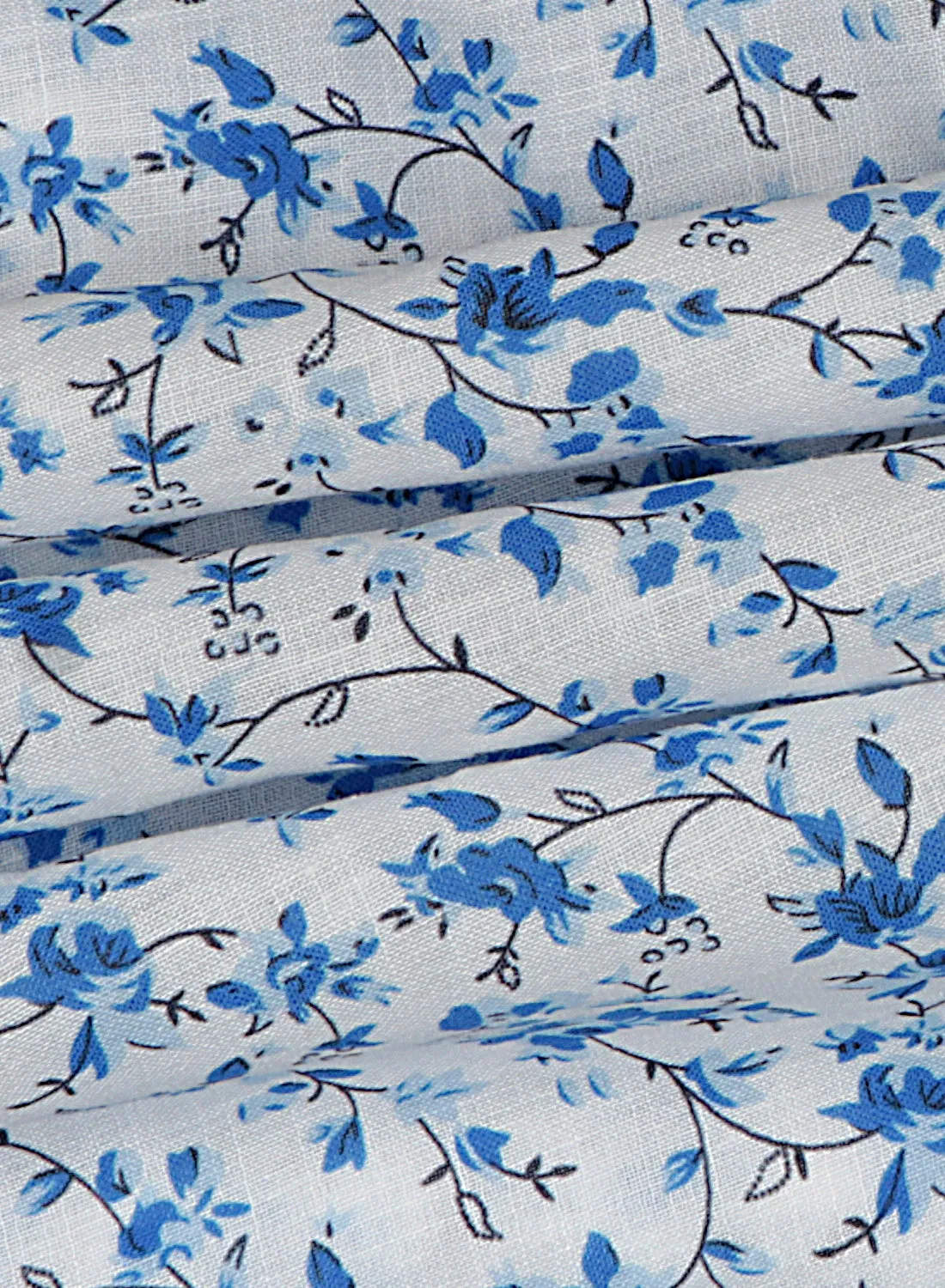 Floral Printed White And Blue Cotton Linen Blend Fabric