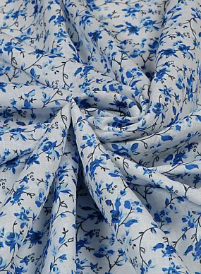 Floral Printed White And Blue Cotton Linen Blend Fabric