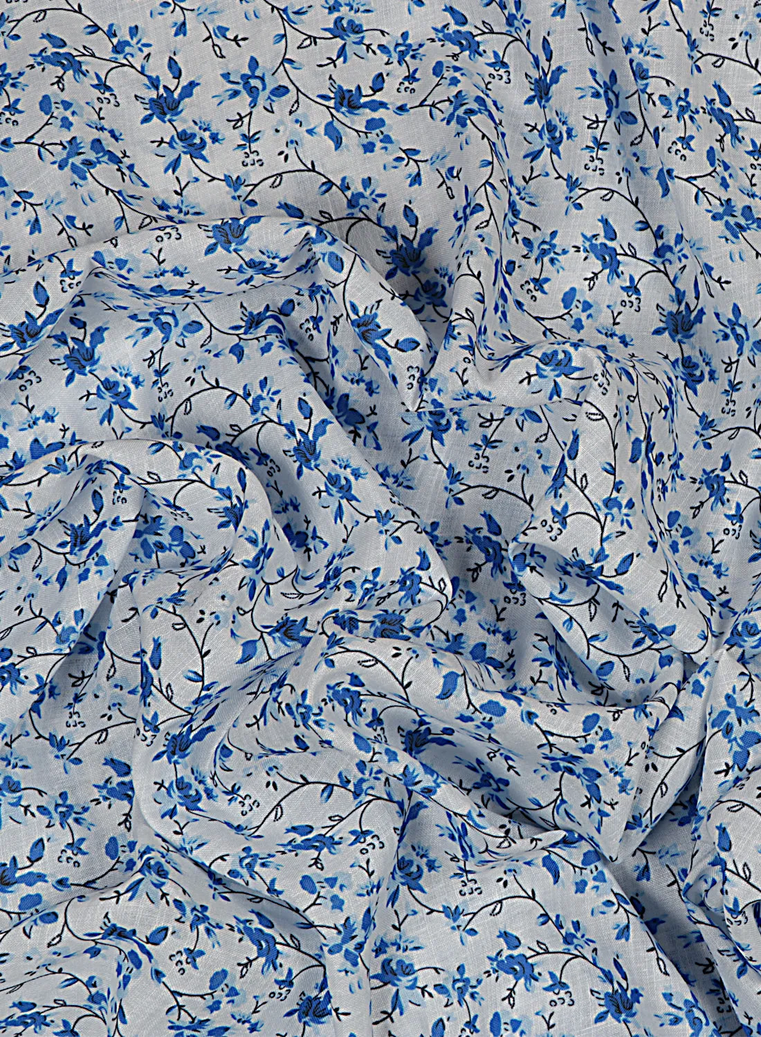 Floral Printed White And Blue Cotton Linen Blend Fabric