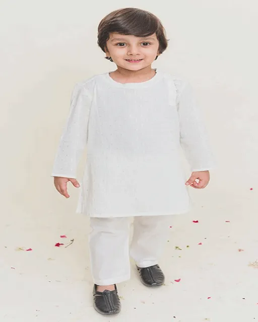 Full Sleeves White & Silver Print Kurta