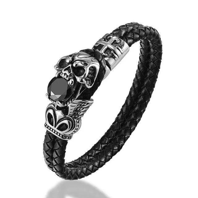 Genuine Leather Stainless Steel Skull and Zirconia Stone Bracelet