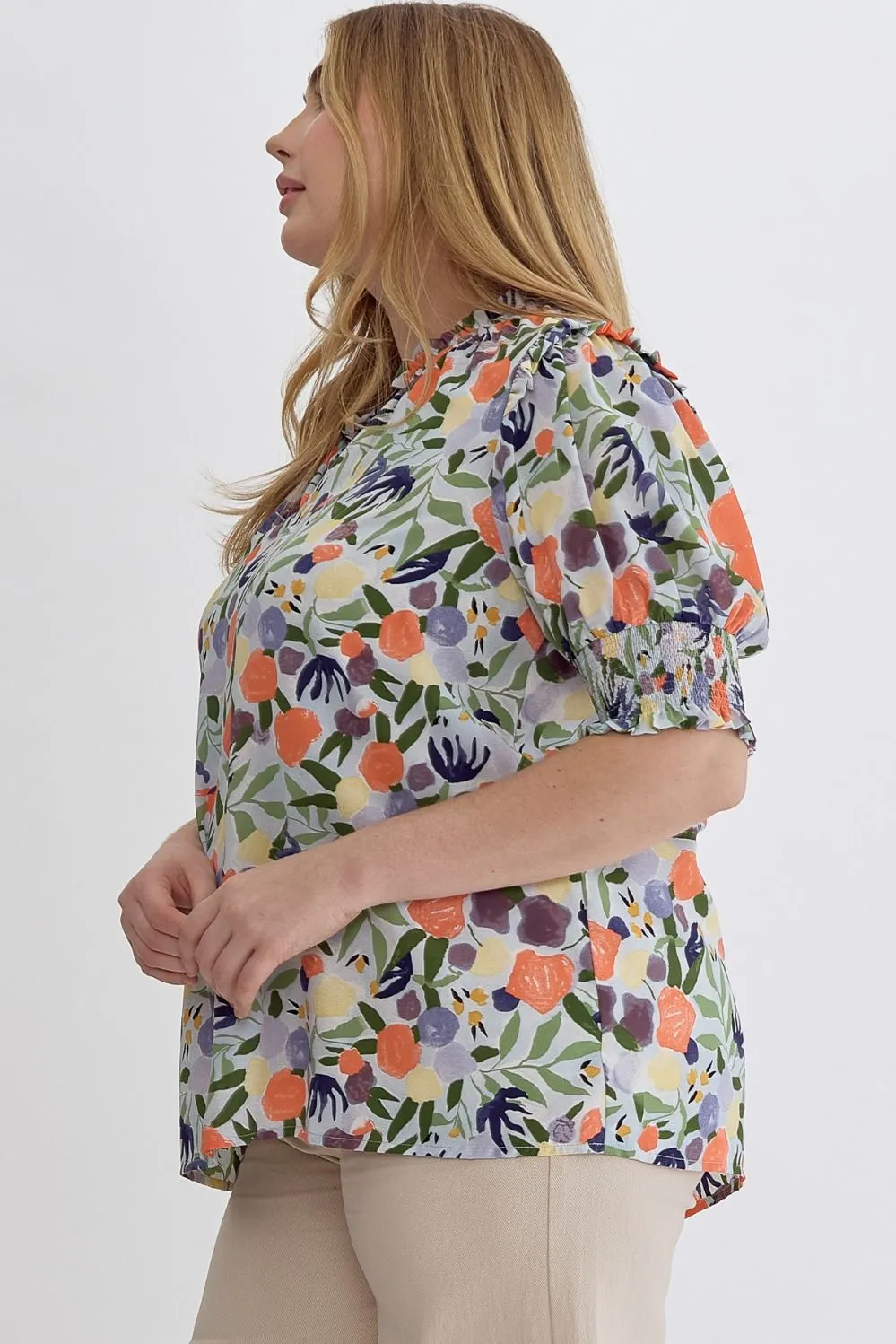 Gianna Puff Sleeve Floral Top, Blue Multi | Plus Size