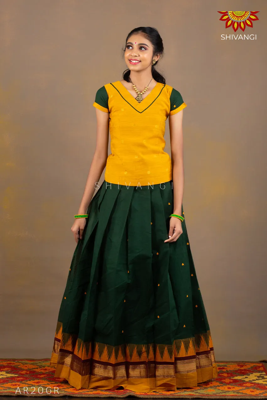 Girls Green Chettinad temple Cotton Pavadai Set