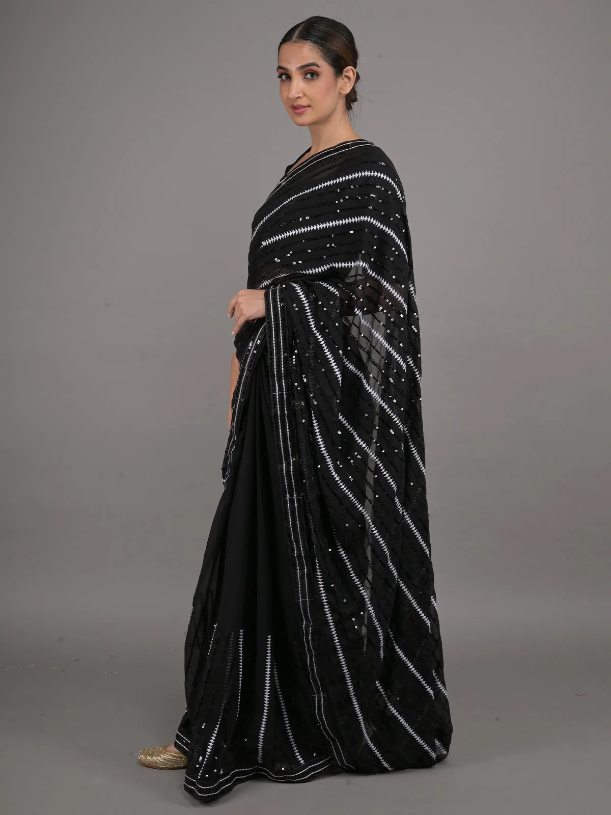 Odette Black and White Sequins Embroidered Georgette Saree with Unstitched Blouse for Women