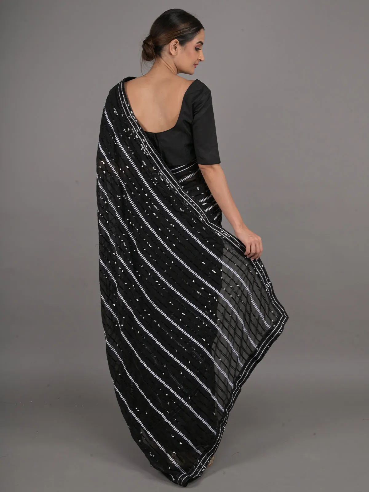 Odette Black and White Sequins Embroidered Georgette Saree with Unstitched Blouse for Women