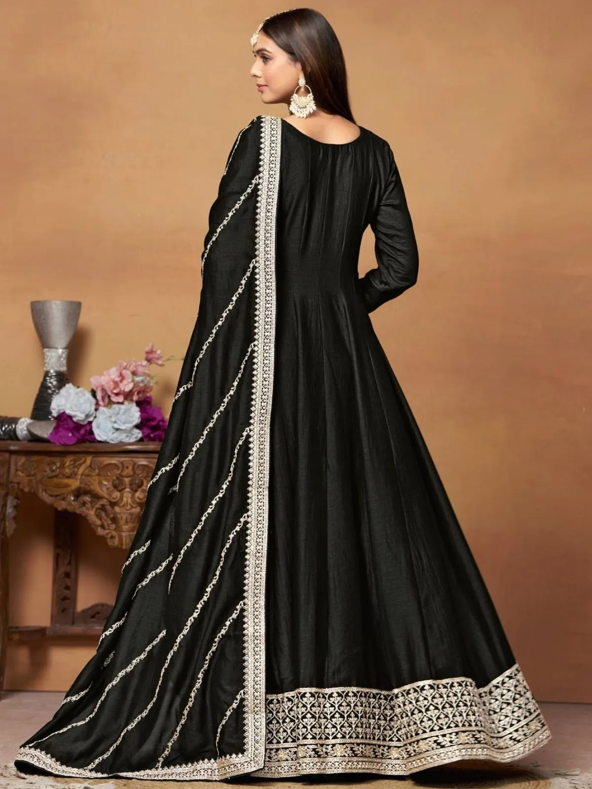 Odette Black Embroidered Art Silk Unstitched Gown For Women