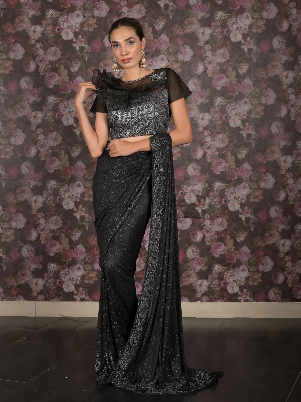 Odette Black Lycra Embellished Ready-To-Wear Saree With Stitched Blouse For Women