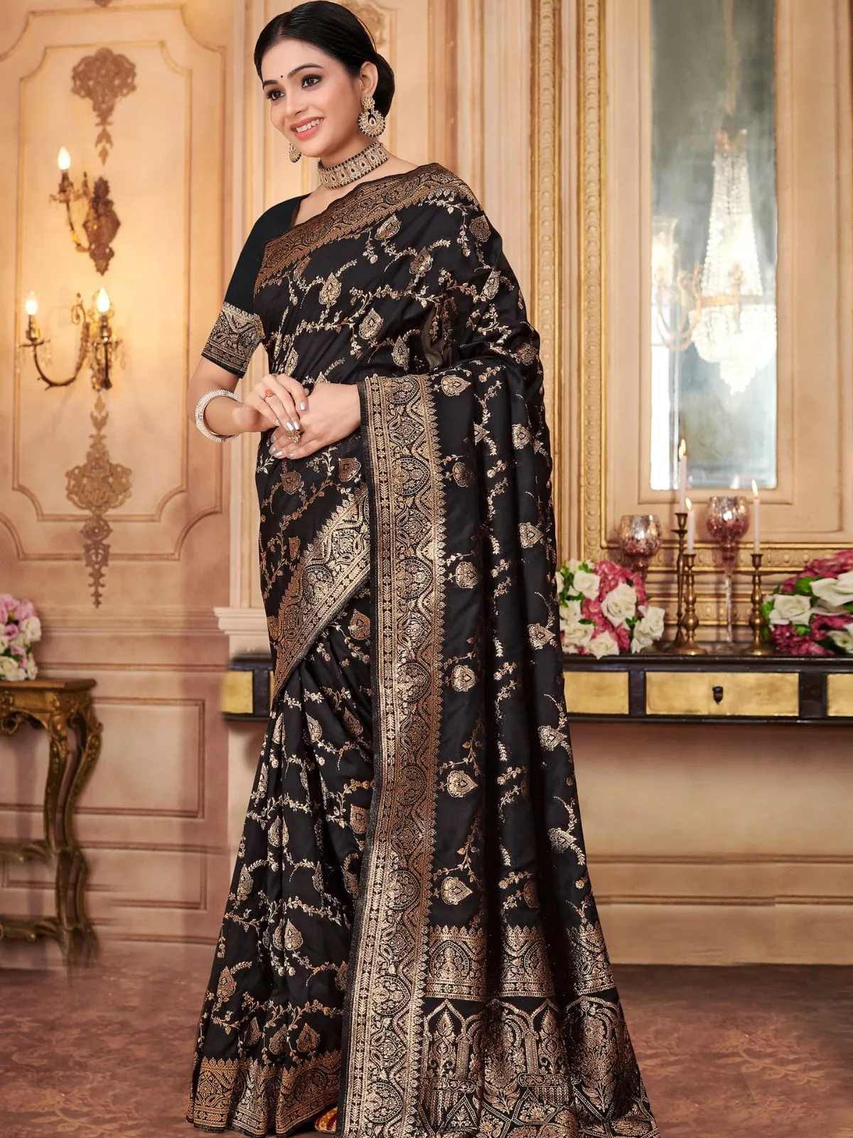 Odette Black Woven Banarasi Silk Saree With Unstitched Blouse For Women