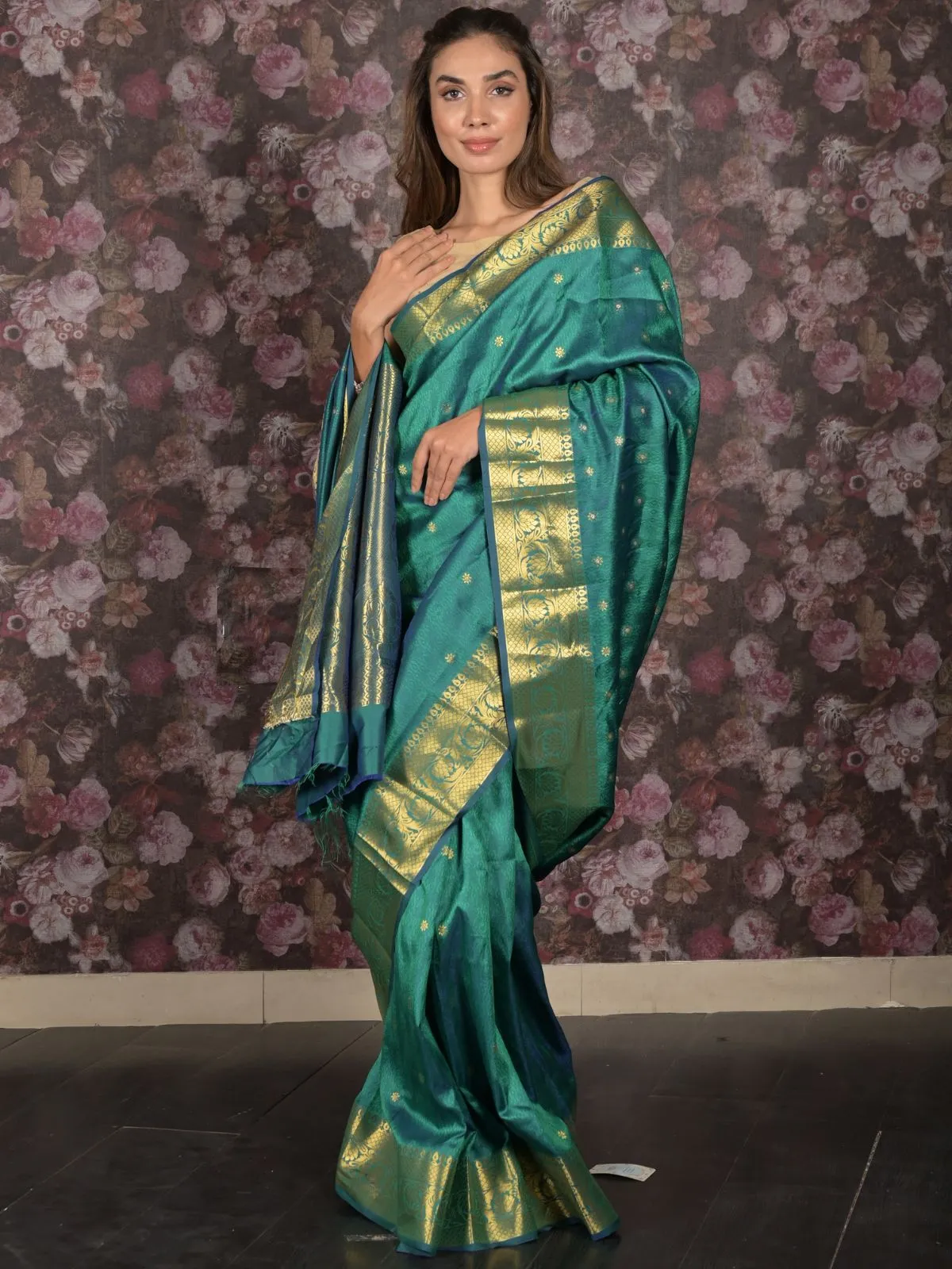 Odette Blue and Green Silk Blend Double Shaded Woven Saree with Unstitched Blouse for Women