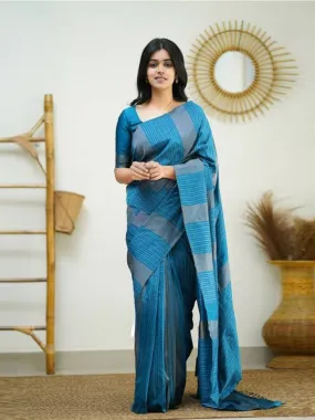 Odette Blue Banarasi Silk Woven Saree With Unstitched Blouse For Women