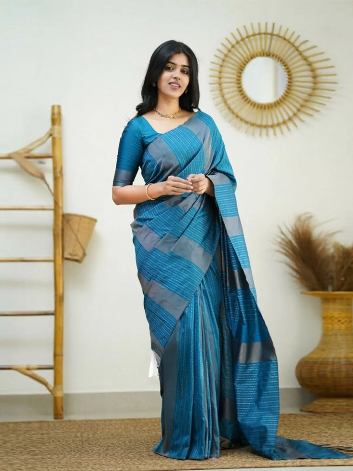 Odette Blue Banarasi Silk Woven Saree With Unstitched Blouse For Women