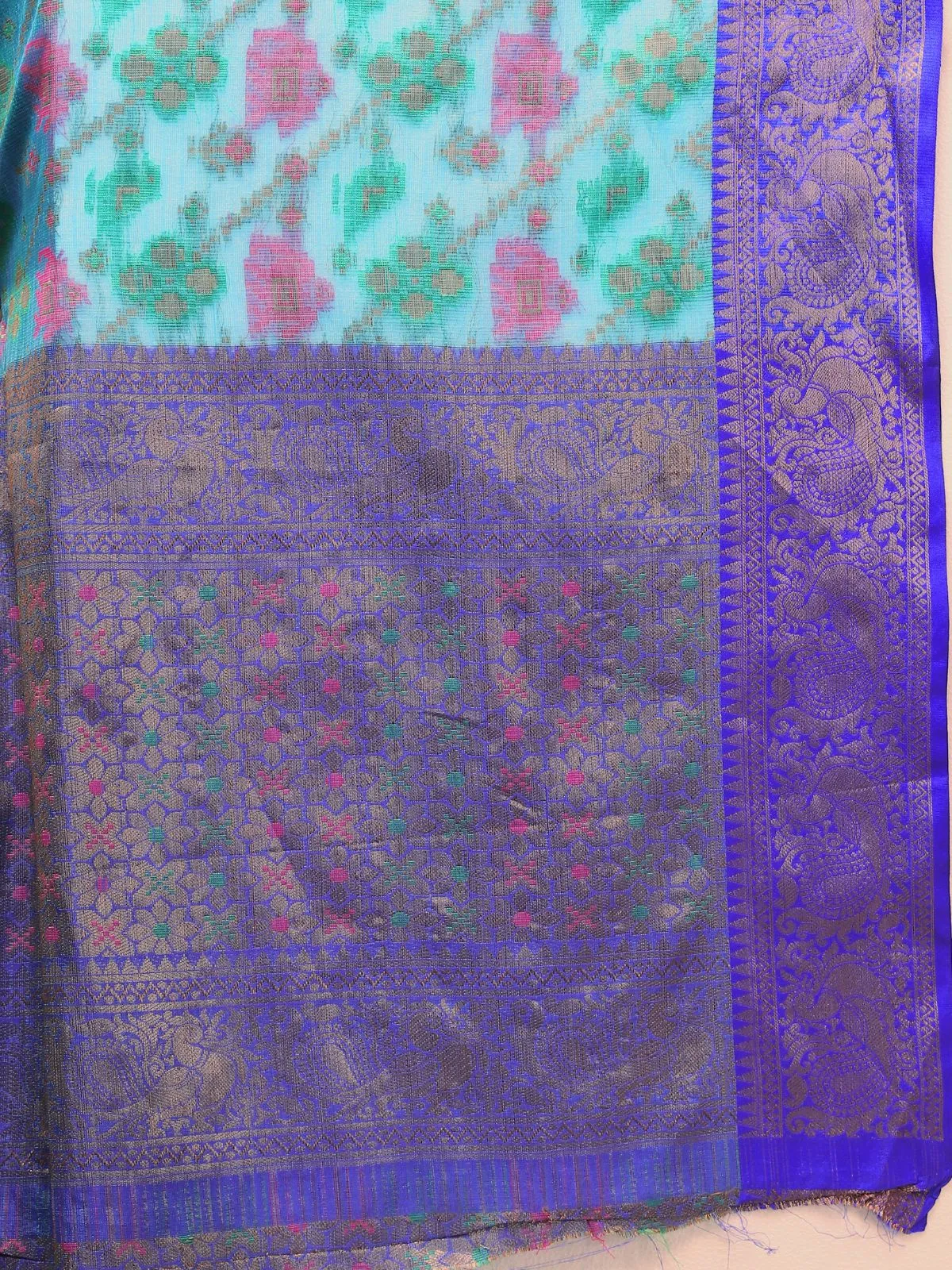 Odette Blue Cotton Blend Woven Saree with Unstitched Blouse for Women