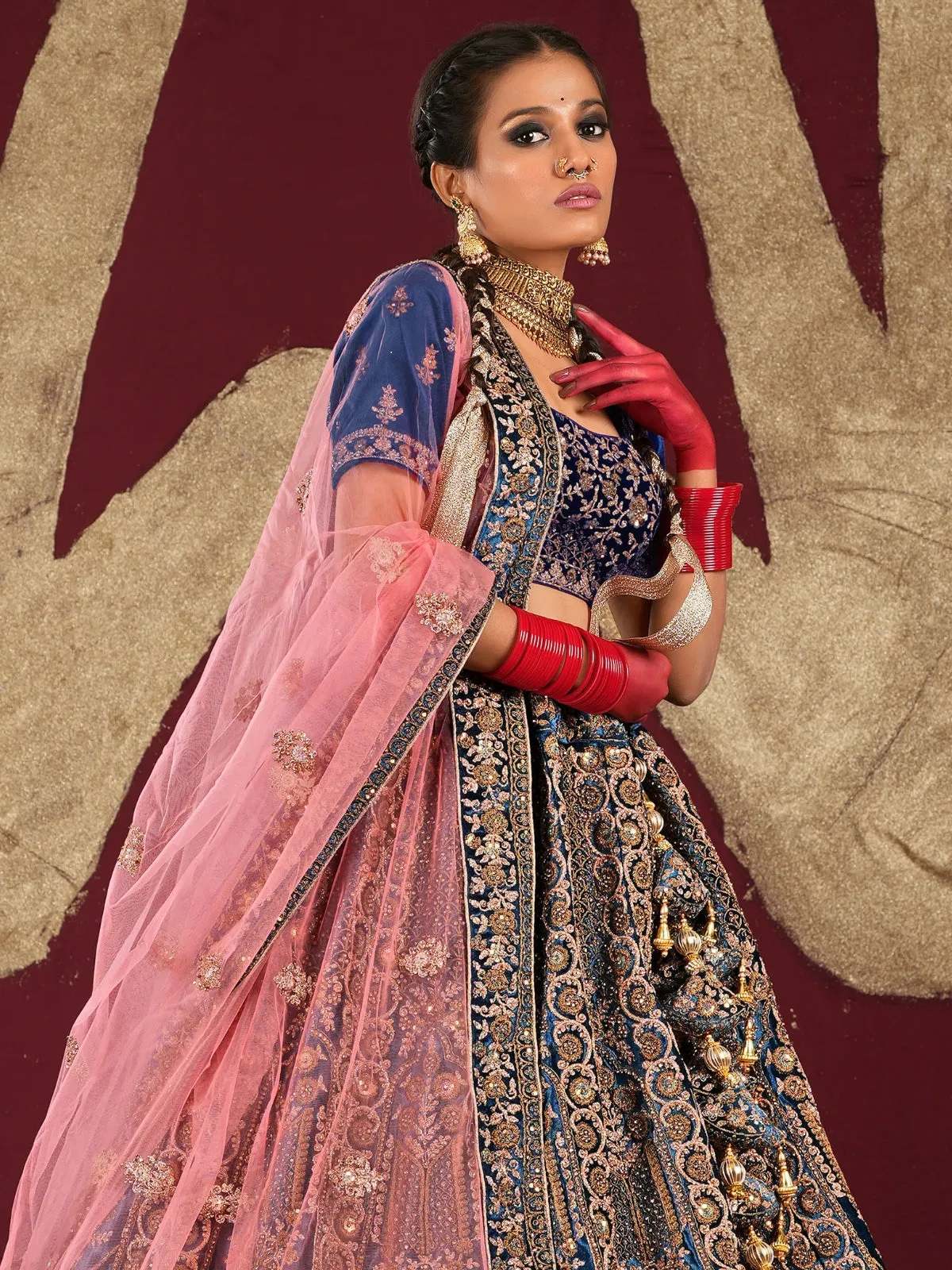 Odette Blue  Velvet Bridal Semi Stitched  Lehenga With Unstitched Blouse For Women