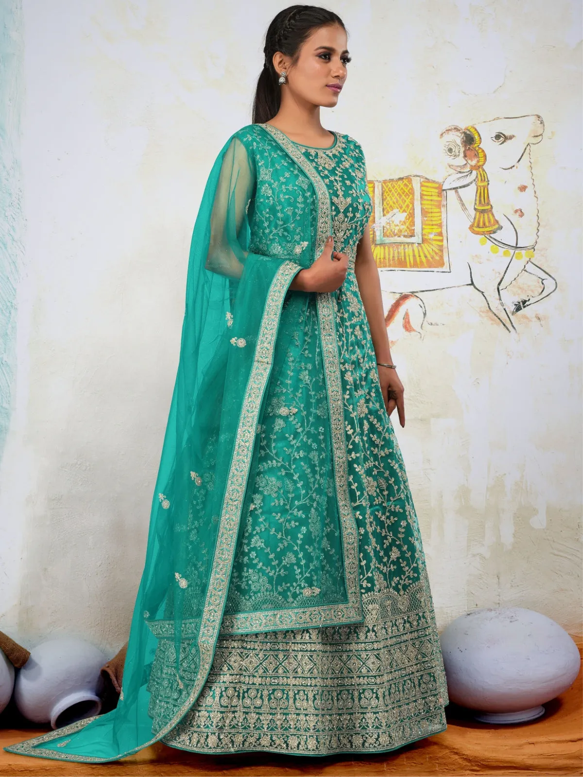 Odette Green  Net  Embroidered Stitched Gown  for Women