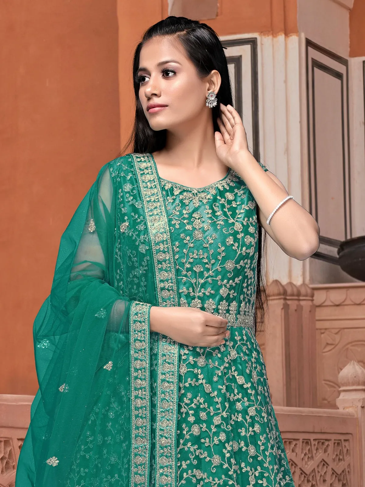 Odette Green Net Embroidered Stitched Gown  for Women