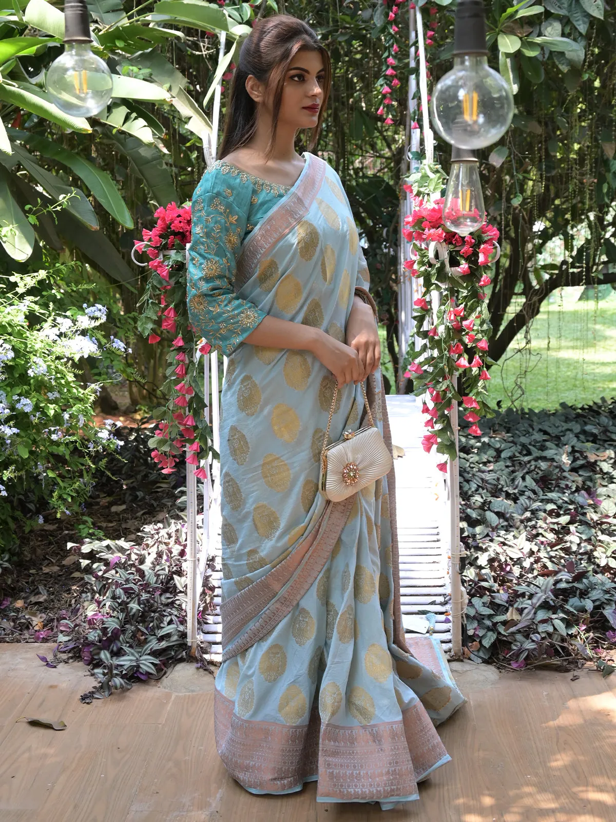 Odette Light Blue Woven Soft Silk Saree with Unstitched Blouse for Women