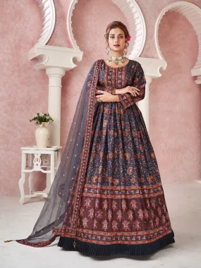 Odette Navy Blue Silk Blend Printed Gown with Dupatta For Women