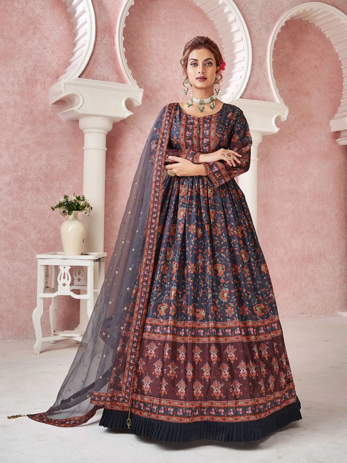 Odette Navy Blue Silk Blend Printed Gown with Dupatta For Women