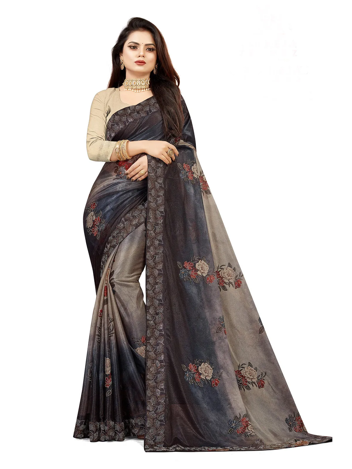 Odette Women Blue Lycra Digital Print & Siroski Work Saree With Unstitched Blouse