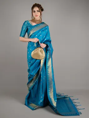 Odette Women Blue Silk Woven Saree With Unstitched Blouse