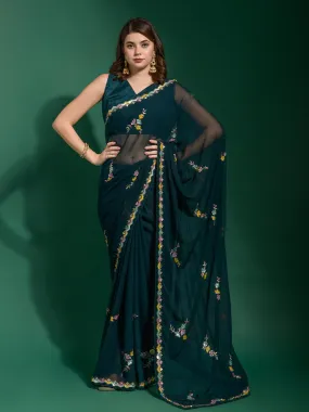 Odette Women Dark Green Georgette Saree With Unstitched Blouse