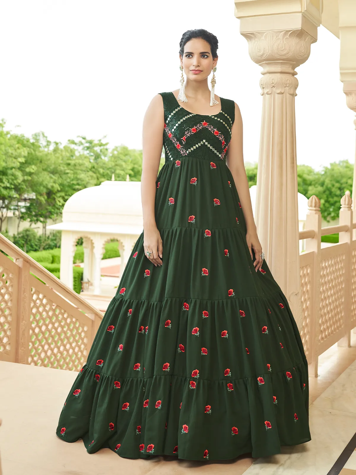 Odette Women Designer Dark Green Georgette Semi Stitched Gown