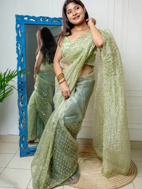 Odette Women Green Organza Embellished Saree With Stitched Blouse