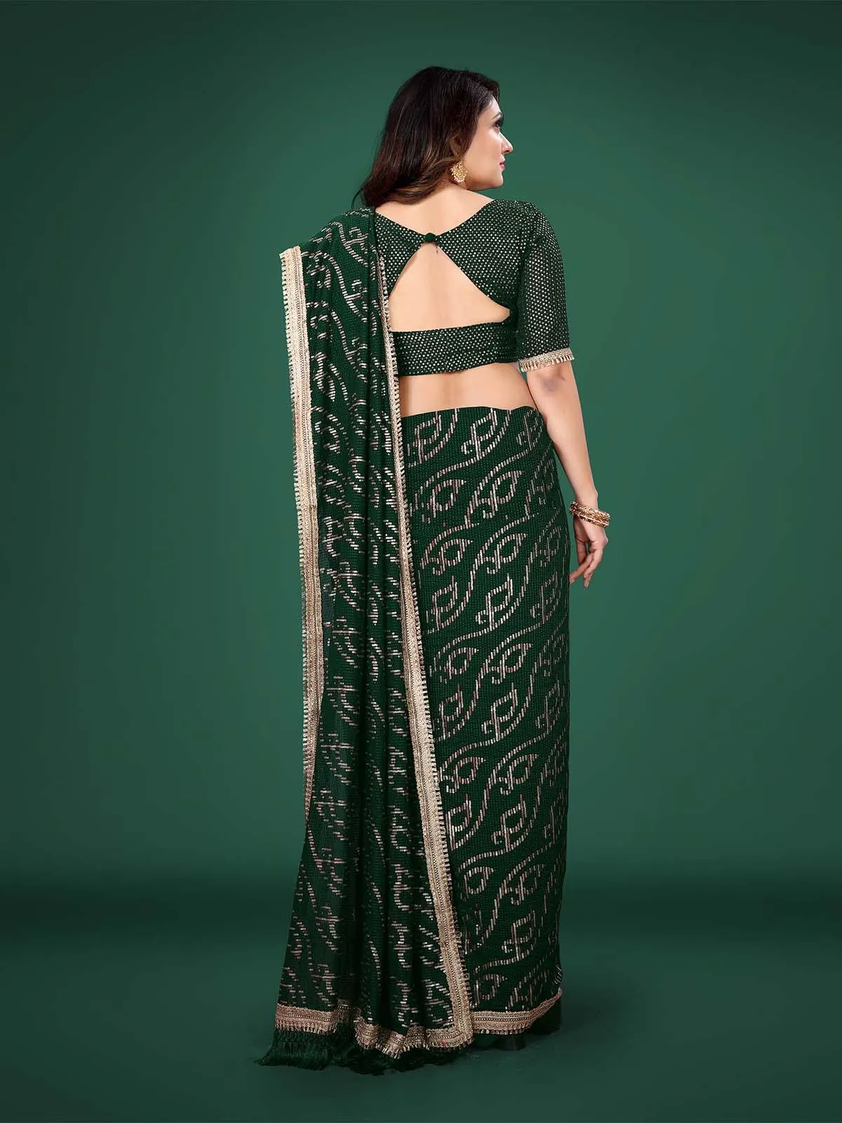 Odette Women Green Sequins Sassy Saree With Unstitched Blouse