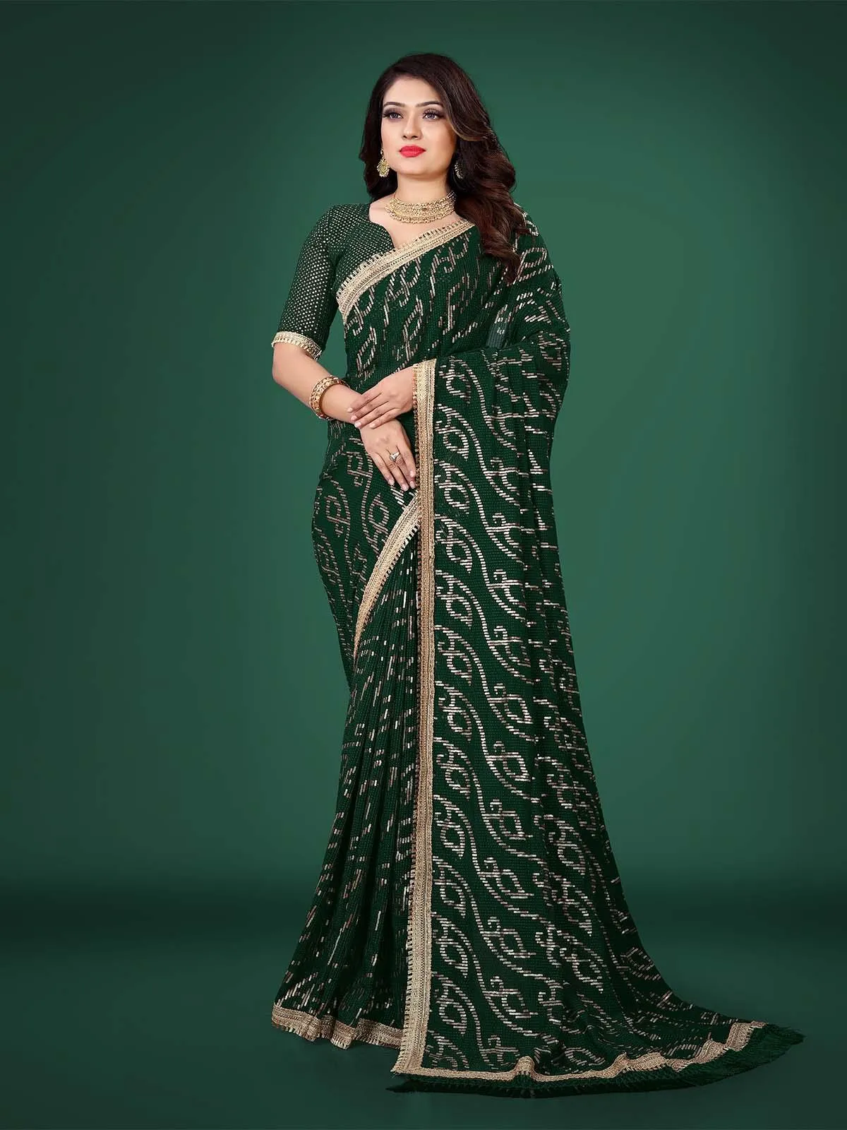 Odette Women Green Sequins Sassy Saree With Unstitched Blouse