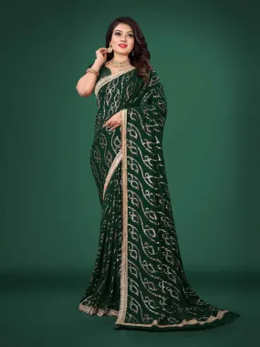 Odette Women Green Sequins Sassy Saree With Unstitched Blouse