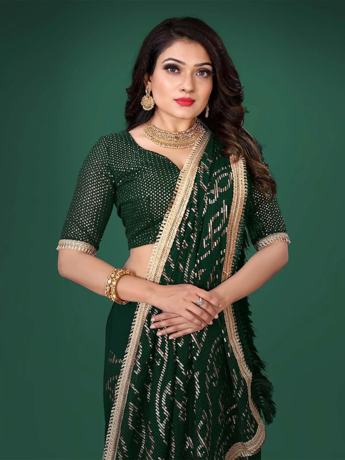 Odette Women Green Sequins Sassy Saree With Unstitched Blouse