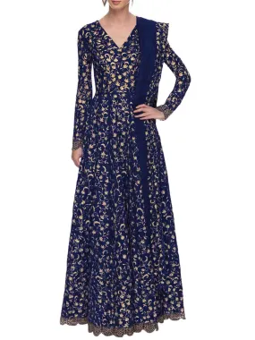 Odette Women Navy Blue Art Sik Sequins Semi Stitched Gown