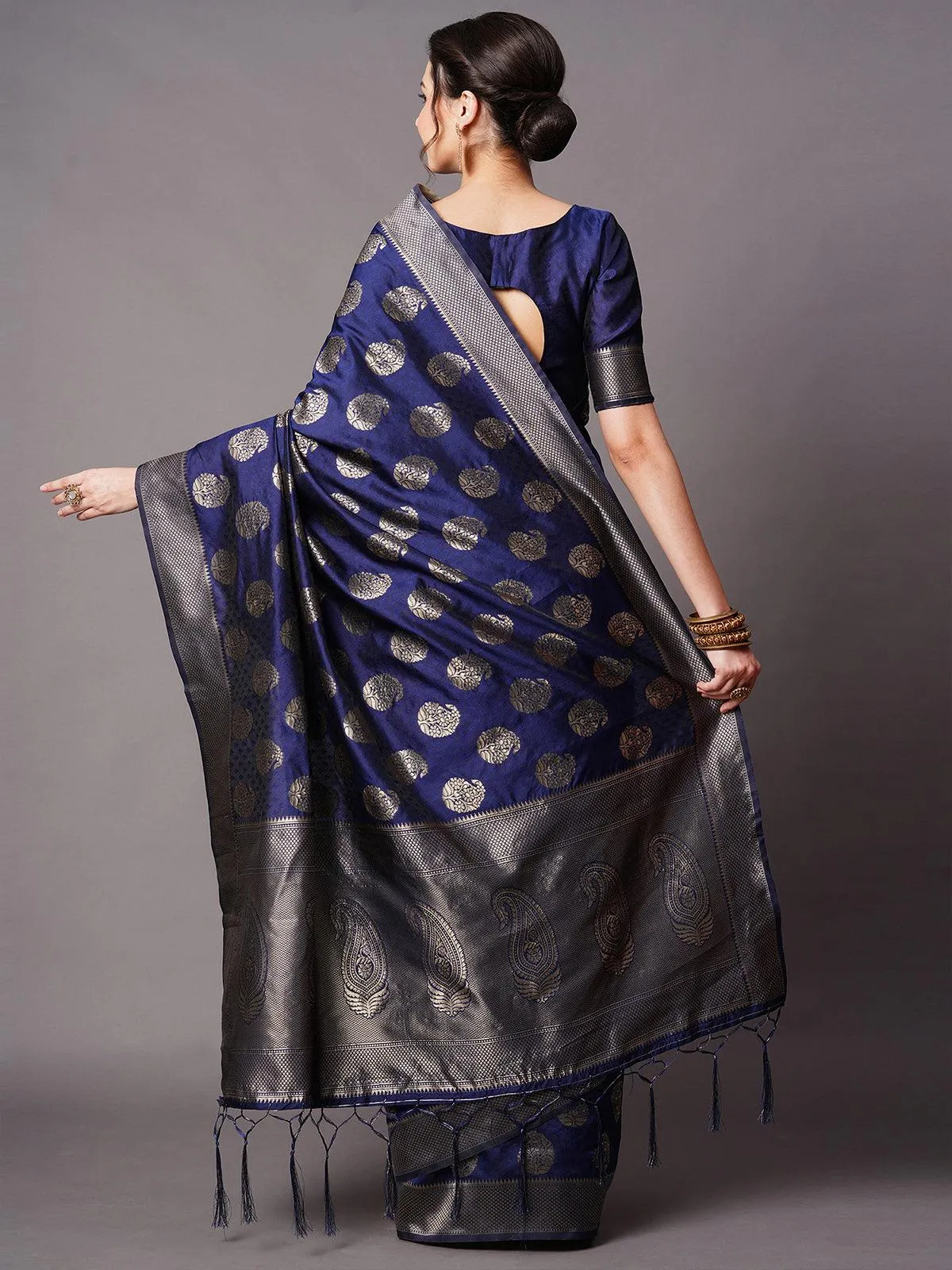 Odette Women Navy Blue Festive Silk Blend Woven Design Saree With Unstitched Blouse