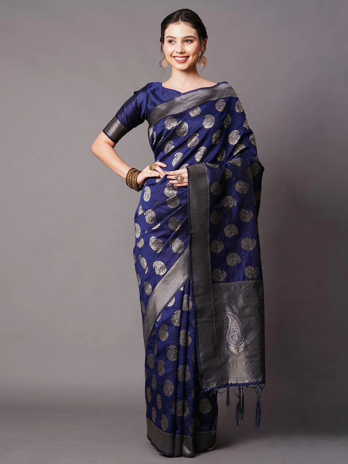 Odette Women Navy Blue Festive Silk Blend Woven Design Saree With Unstitched Blouse