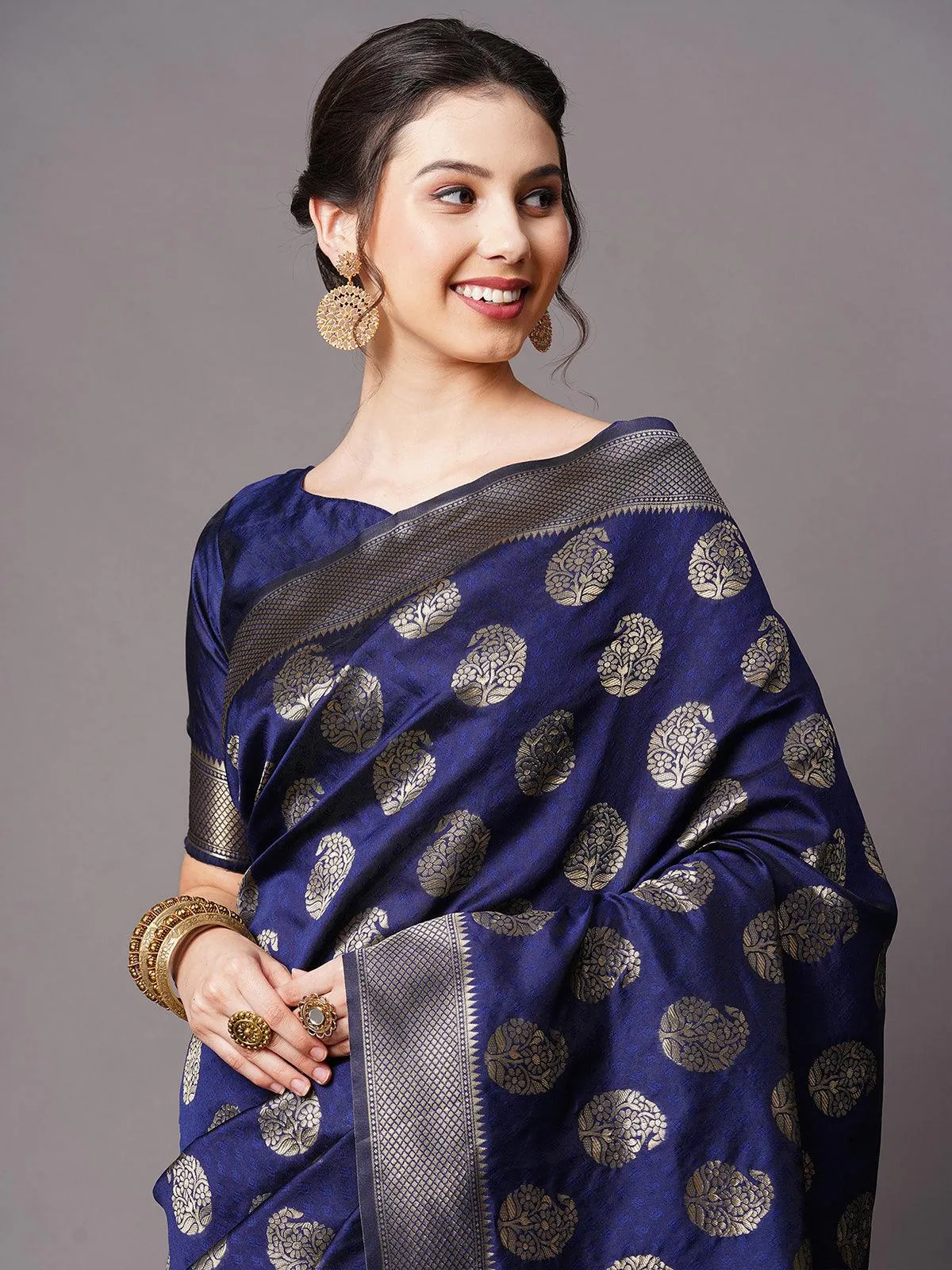 Odette Women Navy Blue Festive Silk Blend Woven Design Saree With Unstitched Blouse